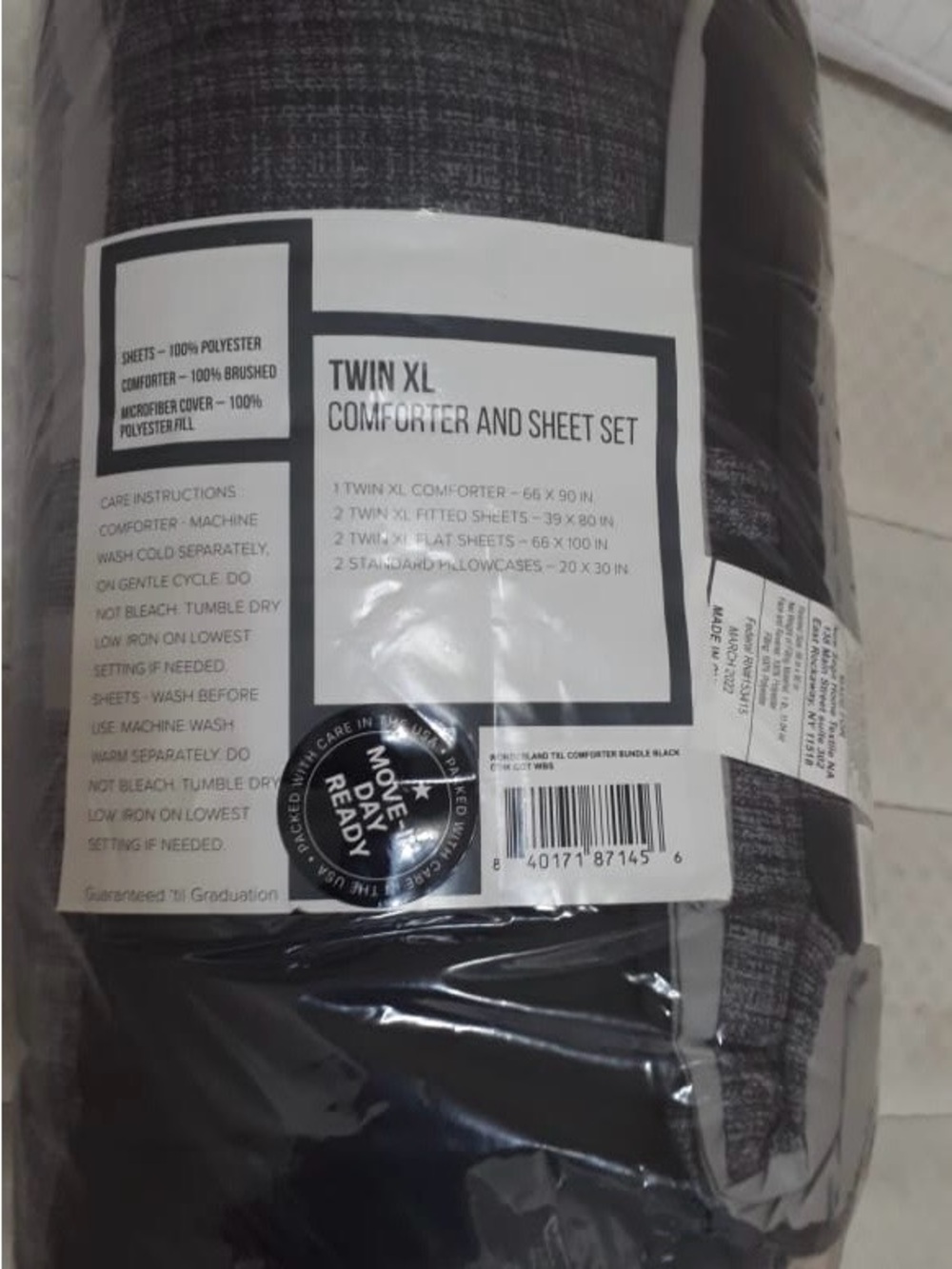 Twin XL Comforter and Sheet Set - Black and Gray